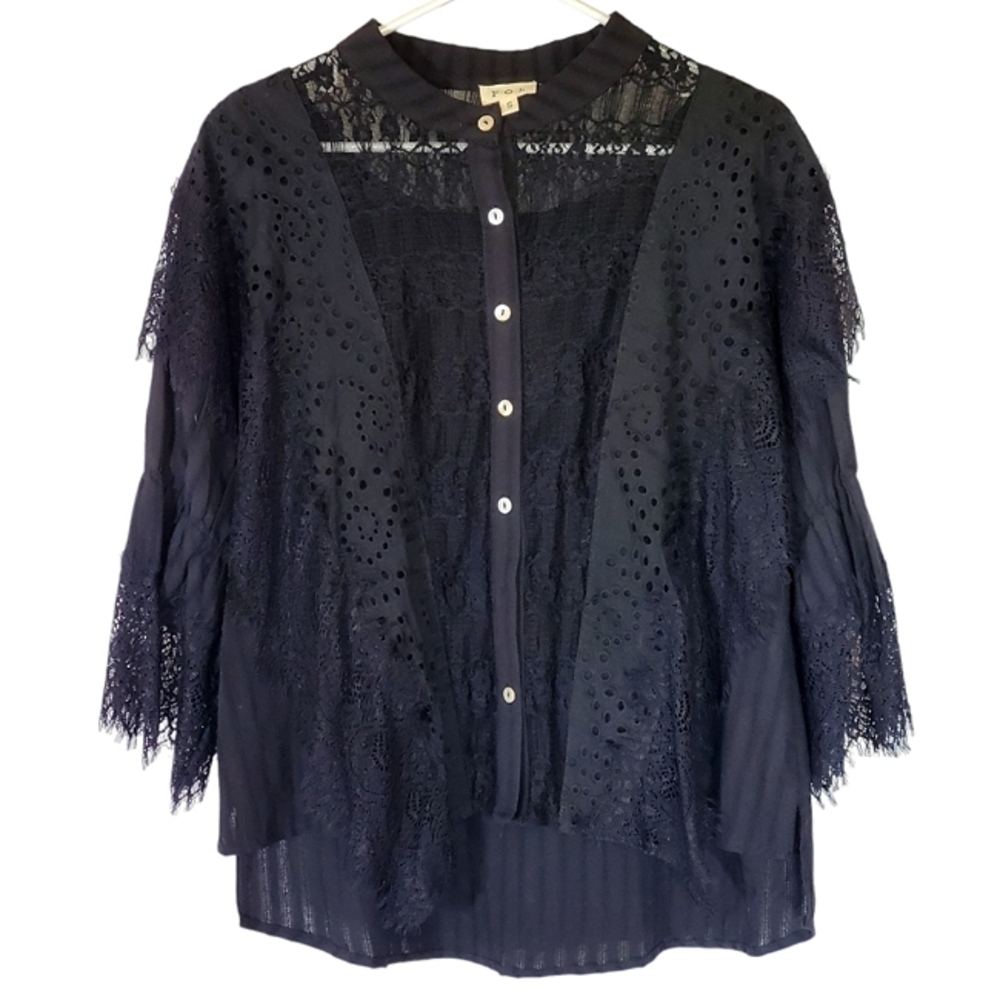 7409 * POL Eyelet Lace High Low Blouse Black Size S Lagenlook